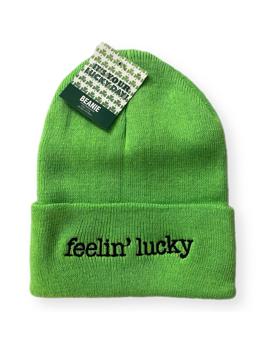 St. Patrick's Day Feelin' Lucky Green Beanie Hat Adult One Size - New With Tags